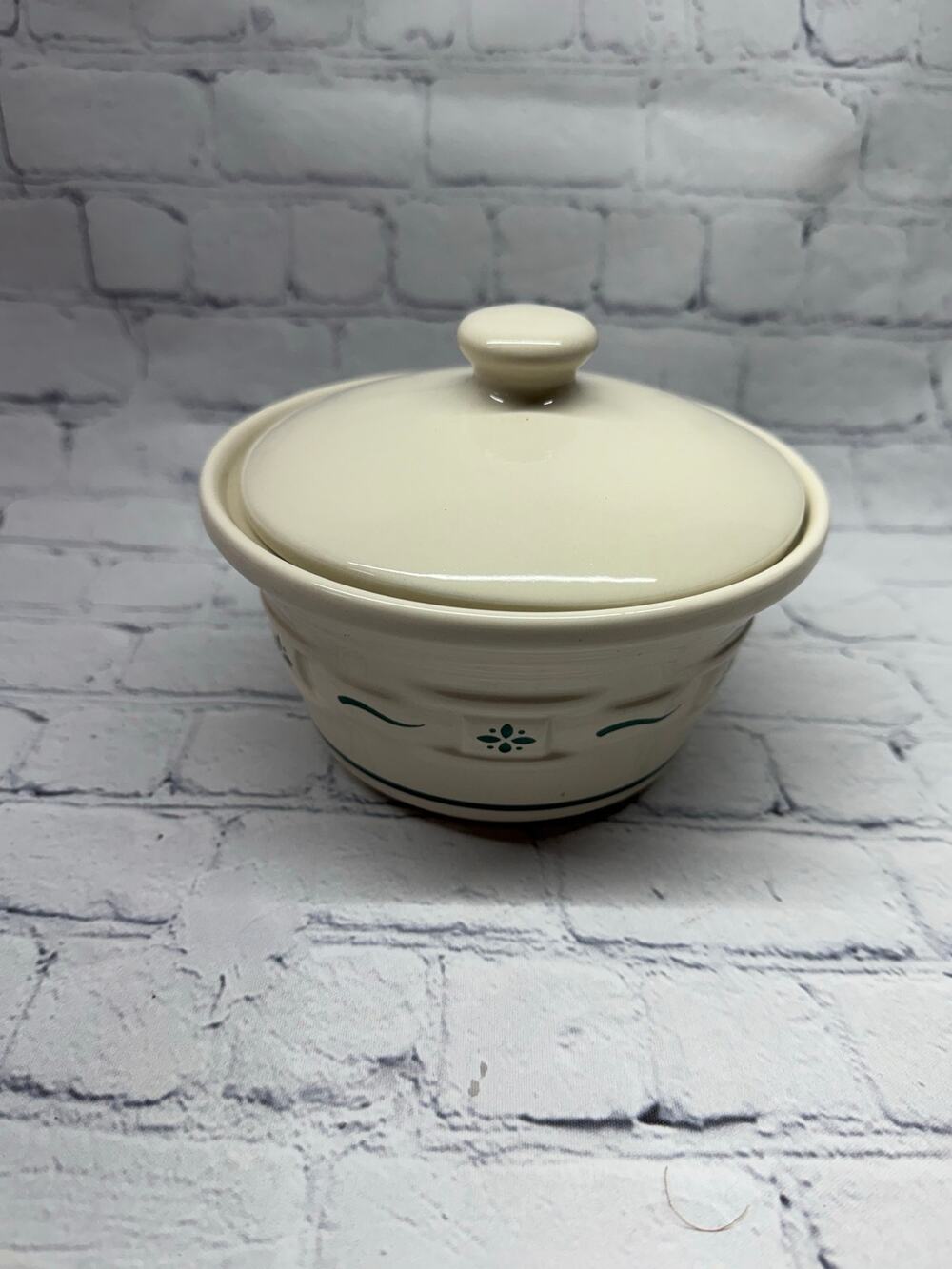 Longaberger Pottery Woven Traditions Green Ivory Butter Tub